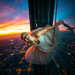 A beautiful, bald woman in mid-fall from a skyscraper, with her eyes closed, her expression serene and peaceful