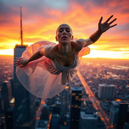 A beautiful, bald woman in mid-fall from a skyscraper, with her eyes closed, her expression serene and peaceful