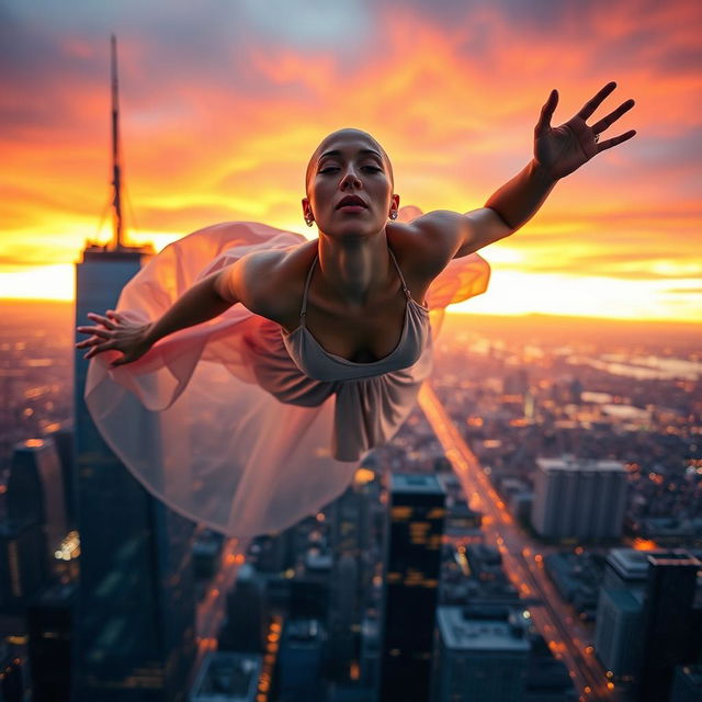 A beautiful, bald woman in mid-fall from a skyscraper, with her eyes closed, her expression serene and peaceful