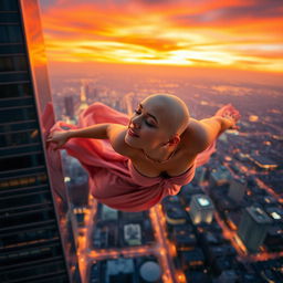 A beautiful, bald woman in mid-fall from a skyscraper, with her eyes closed, her expression serene and peaceful
