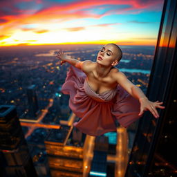 A beautiful, bald woman in mid-fall from a skyscraper, with her eyes closed, her expression serene and peaceful