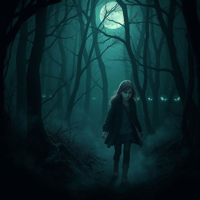 A hauntingly beautiful forest scene with dense, dark trees and mysterious shadows