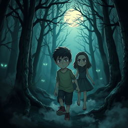 A hauntingly beautiful forest scene with dense, dark trees and mysterious shadows