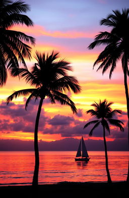 A vibrant sunset over a calm ocean, with hues of orange, pink, and purple painting the sky