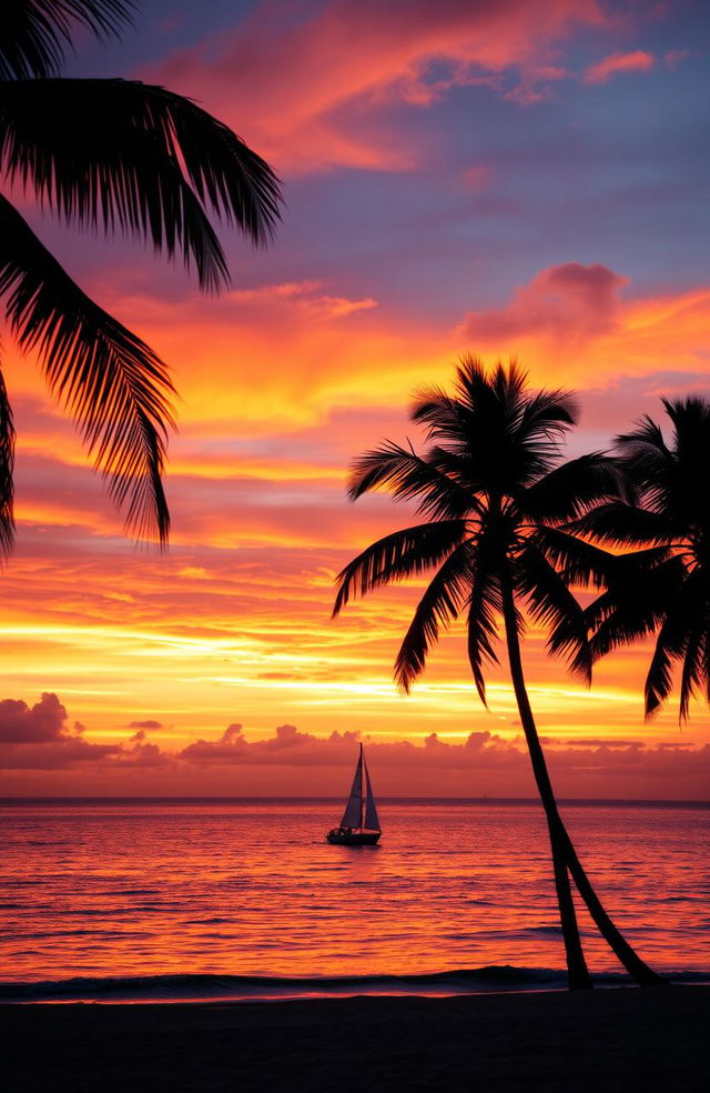 A vibrant sunset over a calm ocean, with hues of orange, pink, and purple painting the sky