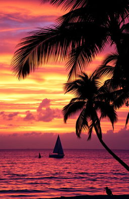 A vibrant sunset over a calm ocean, with hues of orange, pink, and purple painting the sky