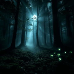 A mysterious and atmospheric forest scene featuring tall trees with dense foliage, illuminated by soft, silvery moonlight filtering through the leaves