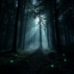 A mysterious and atmospheric forest scene featuring tall trees with dense foliage, illuminated by soft, silvery moonlight filtering through the leaves