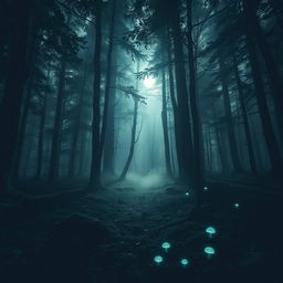 A mysterious and atmospheric forest scene featuring tall trees with dense foliage, illuminated by soft, silvery moonlight filtering through the leaves