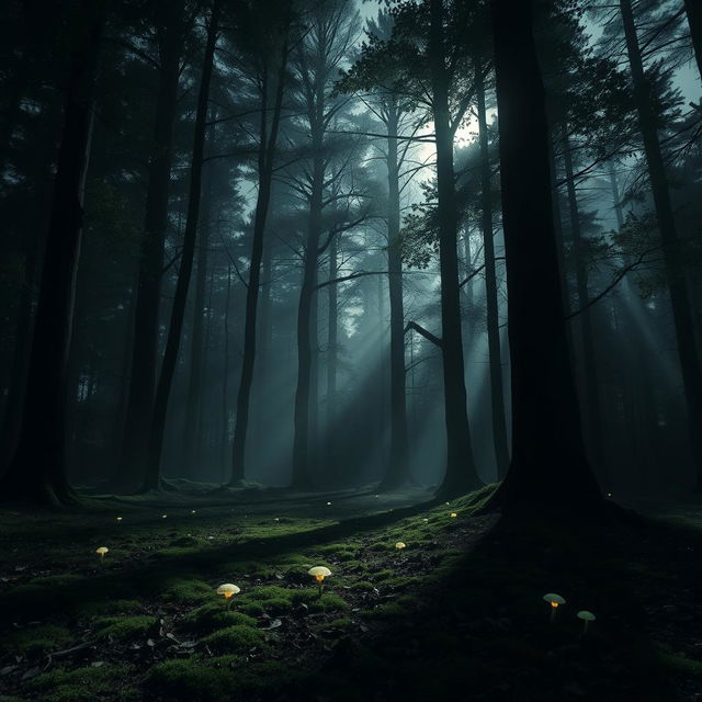 A mysterious and atmospheric forest scene featuring tall trees with dense foliage, illuminated by soft, silvery moonlight filtering through the leaves