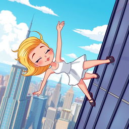 A beautiful blonde cartoon woman with a chic hairstyle, gracefully falling off a skyscraper, her eyes gently closed, captured in a vibrant and playful cartoon style