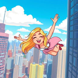 A beautiful blonde cartoon woman with a chic hairstyle, gracefully falling off a skyscraper, her eyes gently closed, captured in a vibrant and playful cartoon style