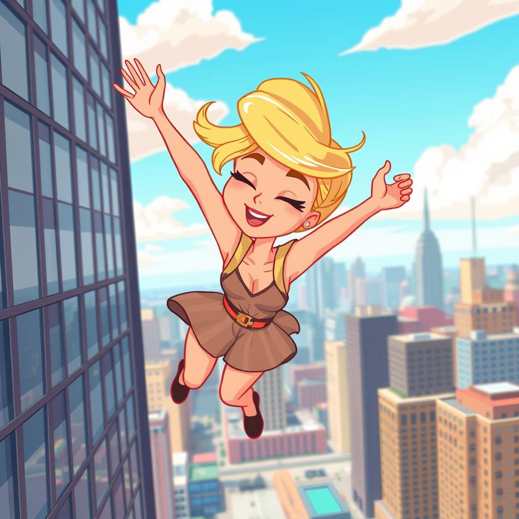 A beautiful blonde cartoon woman with a chic hairstyle, gracefully falling off a skyscraper, her eyes gently closed, captured in a vibrant and playful cartoon style