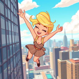 A beautiful blonde cartoon woman with a chic hairstyle, gracefully falling off a skyscraper, her eyes gently closed, captured in a vibrant and playful cartoon style