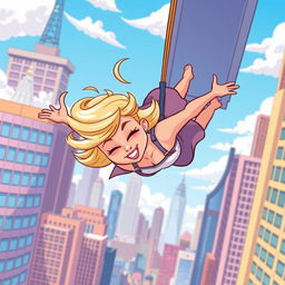 A beautiful blonde cartoon woman with a chic hairstyle, gracefully falling off a skyscraper, her eyes gently closed, captured in a vibrant and playful cartoon style