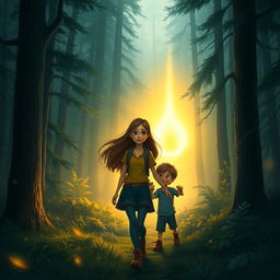 A mysterious forest scene illuminated by a soft golden glow that flickers like firelight