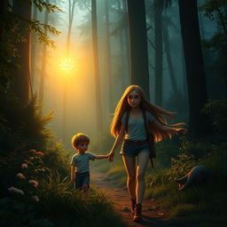A mysterious forest scene illuminated by a soft golden glow that flickers like firelight