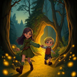 A fantasy scene in a deep, enchanting forest at dusk, illuminated by a soft golden glow that flickers like firelight