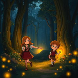 A fantasy scene in a deep, enchanting forest at dusk, illuminated by a soft golden glow that flickers like firelight