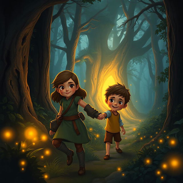 A fantasy scene in a deep, enchanting forest at dusk, illuminated by a soft golden glow that flickers like firelight