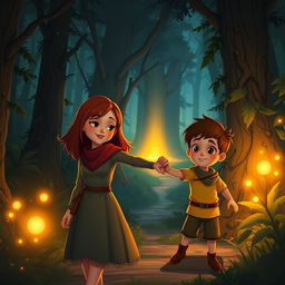 A fantasy scene in a deep, enchanting forest at dusk, illuminated by a soft golden glow that flickers like firelight