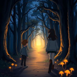 A mystical forest scene at twilight, with a winding path fading into darkness behind two characters, Timmy and Emma