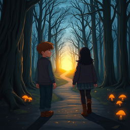 A mystical forest scene at twilight, with a winding path fading into darkness behind two characters, Timmy and Emma