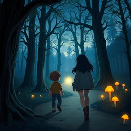 A mystical forest scene at twilight, with a winding path fading into darkness behind two characters, Timmy and Emma