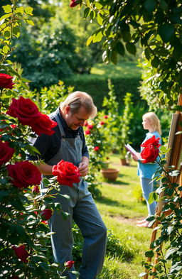 In the heart of a picturesque rose garden, Nathan, a dedicated gardener, is meticulously tending to vibrant, blood-red roses that stand out against the verdant foliage