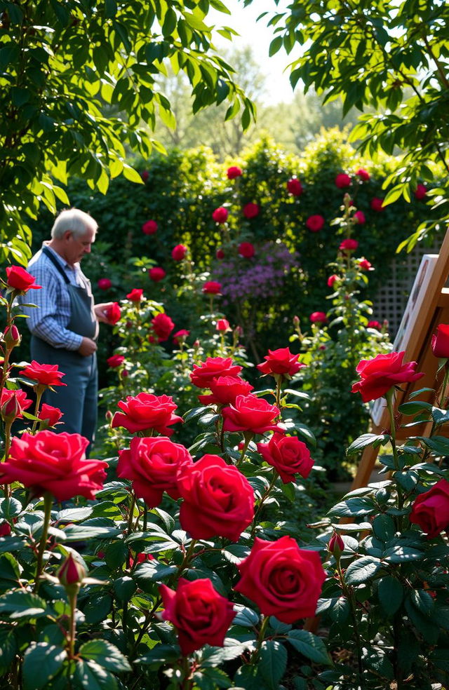 In the heart of a picturesque rose garden, Nathan, a dedicated gardener, is meticulously tending to vibrant, blood-red roses that stand out against the verdant foliage