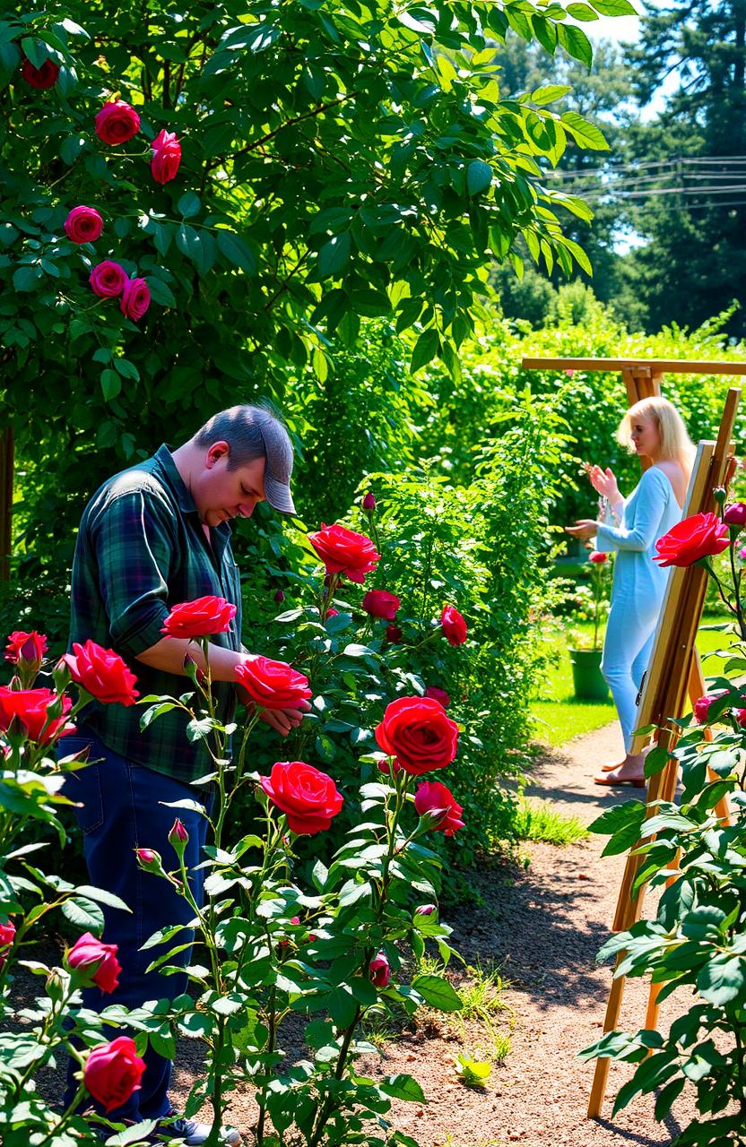In the heart of a picturesque rose garden, Nathan, a dedicated gardener, is meticulously tending to vibrant, blood-red roses that stand out against the verdant foliage