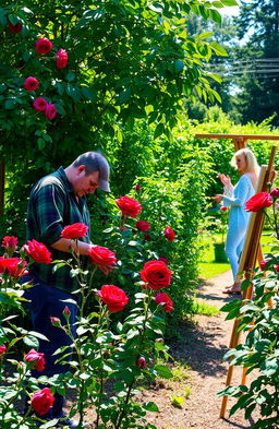 In the heart of a picturesque rose garden, Nathan, a dedicated gardener, is meticulously tending to vibrant, blood-red roses that stand out against the verdant foliage