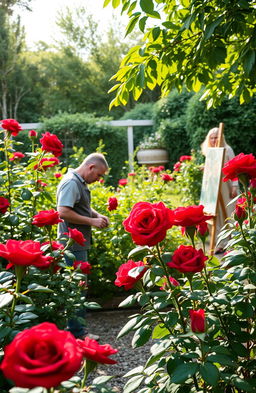 In the heart of a picturesque rose garden, Nathan, a dedicated gardener, is meticulously tending to vibrant, blood-red roses that stand out against the verdant foliage