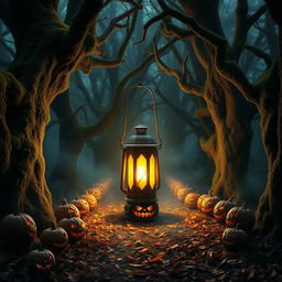 In a mystical forest clearing illuminated by a strangely bright ancient lantern, surrounded by ominous rows of jack-o’-lanterns with grotesque, grinning faces