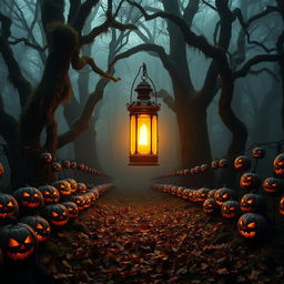 In a mystical forest clearing illuminated by a strangely bright ancient lantern, surrounded by ominous rows of jack-o’-lanterns with grotesque, grinning faces