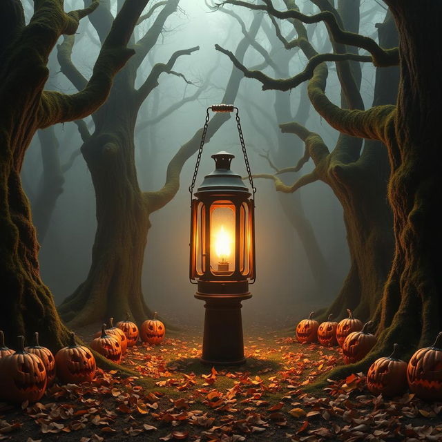 In a mystical forest clearing illuminated by a strangely bright ancient lantern, surrounded by ominous rows of jack-o’-lanterns with grotesque, grinning faces