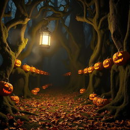 In a mystical forest clearing illuminated by a strangely bright ancient lantern, surrounded by ominous rows of jack-o’-lanterns with grotesque, grinning faces