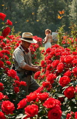 In a mystical, enchanting rose garden filled with an abundance of vividly red roses, Nathan, a dedicated gardener, is tending to these beautiful yet eerie blooms