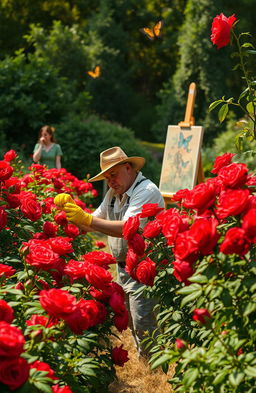 In a mystical, enchanting rose garden filled with an abundance of vividly red roses, Nathan, a dedicated gardener, is tending to these beautiful yet eerie blooms