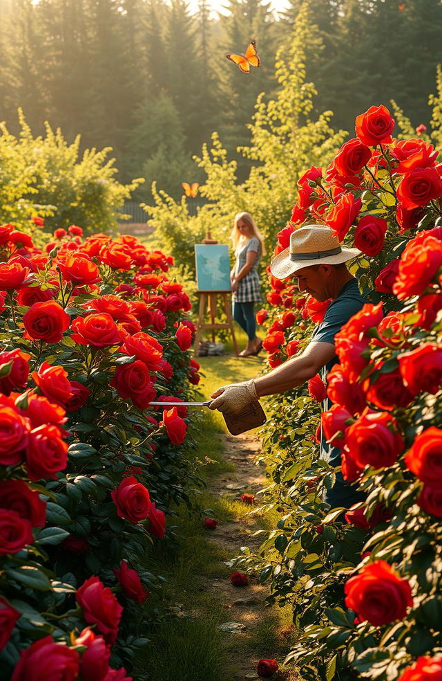 In a mystical, enchanting rose garden filled with an abundance of vividly red roses, Nathan, a dedicated gardener, is tending to these beautiful yet eerie blooms