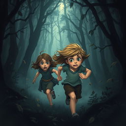 A dense, dark forest with looming shadows and swirling winds, creating an eerie atmosphere
