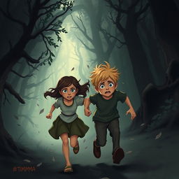 A dense, dark forest with looming shadows and swirling winds, creating an eerie atmosphere