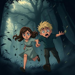 A dense, dark forest with looming shadows and swirling winds, creating an eerie atmosphere