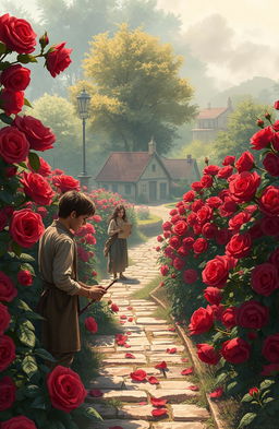 A fantasy book illustration depicting a lush garden filled with vibrant bloody roses