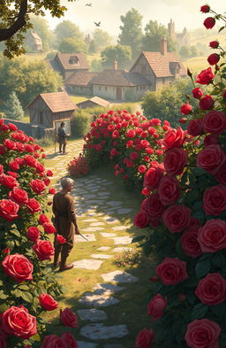 A fantasy book illustration depicting a lush garden filled with vibrant bloody roses