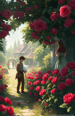 A fantasy book illustration depicting a lush garden filled with vibrant bloody roses