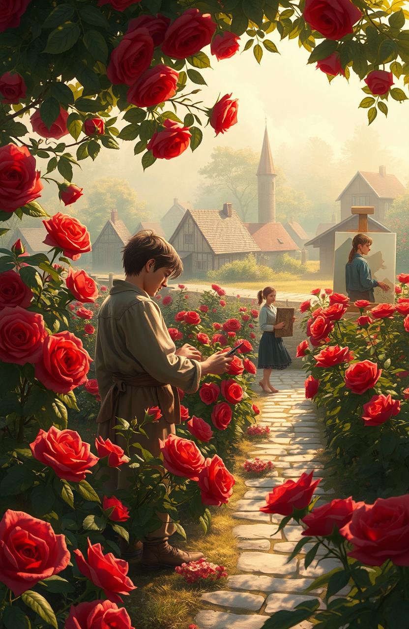 A fantasy book illustration depicting a lush garden filled with vibrant bloody roses
