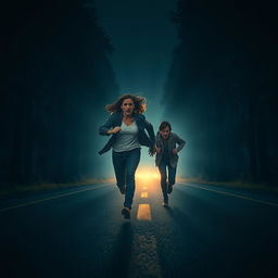 A dramatic scene of two people running in a panic from an unseen threat