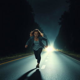 A dramatic scene of two people running in a panic from an unseen threat