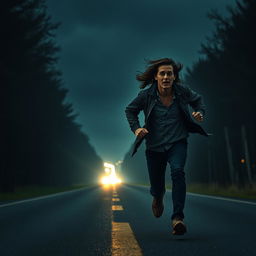 A dramatic scene of two people running in a panic from an unseen threat